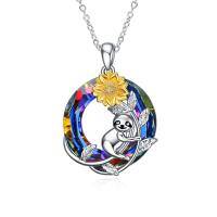 wholesale 925 Sterling Silver Rainbow Crystal Moon & Sloth with Gold Plated Sunflower Pendant Necklace for Women- Oxidized/Oxidised