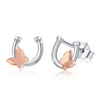 wholesale 925 Sterling Silver Two-Tone Horse Shoe & Butterfly Stud Earrings for Women- Two Tone