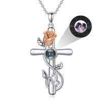 wholesale 925 Sterling Silver Rose Flower Projection I Love You Necklace - Multilingual Message- White Gold Rhodium Plated