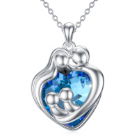 wholesale 925 Sterling Silver Heart-Shaped Blue Crystal Mother & Child Pendant Necklace for Women's s- Rhodium Plated
