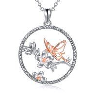 wholesale 925 Sterling Silver Butterfly & Flower Pendant Necklace for Women - Wholesale Jewelry- Rhodium And Rose Gold Plated