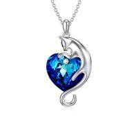 wholesale 925 Sterling Silver Blue Crystal Cat Heart Pendant Necklace for Women- Rhodium Plated
