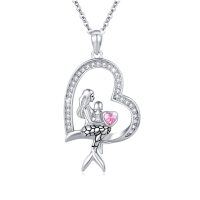 wholesale 925 Sterling Silver Heart-Shaped Mother & Daughter Mermaid Pendant Necklace with Pink Stone for Women- Rhodium Plated