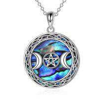 wholesale 925 Sterling Silver Abalone Shell Triple Moon Pentagram Pendant Necklace for Women- Sliver Plated