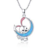 wholesale 925 Sterling Silver Blue Opal Moon Bunny Pendant Necklace for Women Girls- Rhodium Plated