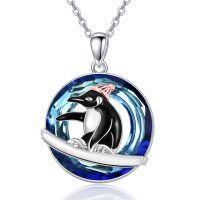 wholesale 925 Sterling Silver Penguin Crystal Pendant Necklace for Women - Blue & White Stone - Rhodium Plated