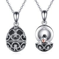 wholesale 925 Sterling Silver Black Enamel Heart Penguin Locket Pendant Necklace for Women Girls Gifts- Oxidized/Oxidised
