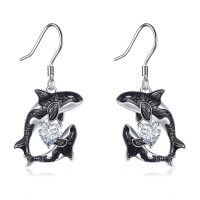 wholesale 925 Sterling Silver Killer Whale Orca Ocean Drop Earrings with Cubic Zirconia for Women- Black Rhodium Plated