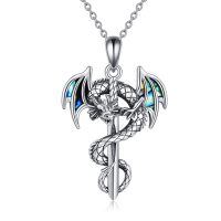 wholesale 925 Sterling Silver Abalone Shell Dragon Sword Pendant Necklace for Women and Men Norse Viking - Oxidized/Oxidised