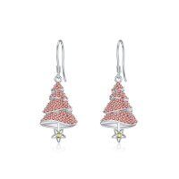wholesale 925 Sterling Silver Red Crystal Christmas Tree Drop Earrings for Women Girls Hypoallergenic Hooks- Sliver Plated