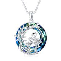 wholesale 925 Sterling Silver Flamingo & Tree of Life Pendant Necklace w/Blue Crystals - Gifts for Her- Rhodium Plated