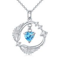 wholesale 925 Sterling Silver Heart-Shaped Topaz & Cubic Zirconia Angel Wings Pendant Necklace for Women - 3ct Swiss Blue + 4 Cubic Zirconias (Total Length: 19-21) s- Silver Plated