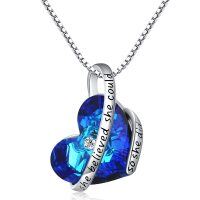 wholesale 925 Sterling Silver Blue Crystal Heart Pendant She believed she could Inspirational Quote Necklace- Sliver Plated