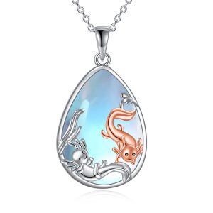 Sterling Silver Axolotl Pendant Necklaces With Moonstone-0