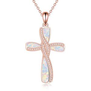 Sterling Silver Rose Gold Plated Cross Pendant Necklace With Created Opal-0