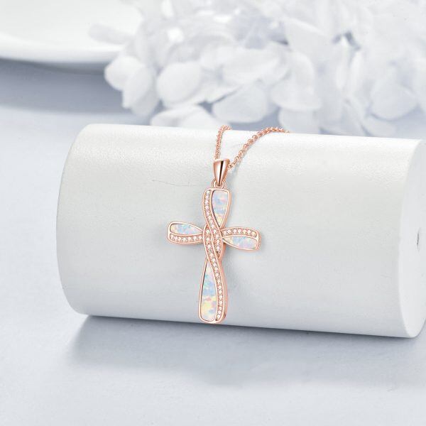 Sterling Silver Rose Gold Plated Cross Pendant Necklace With Created Opal-2