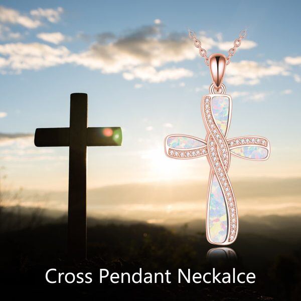 Sterling Silver Rose Gold Plated Cross Pendant Necklace With Created Opal-3