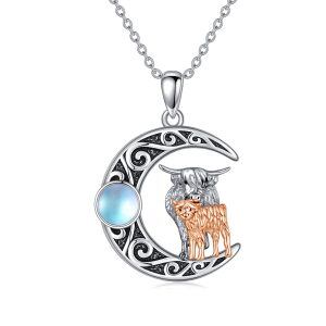 Sterling Silver Highland Cow Pendant Necklaces With Moonstone-0