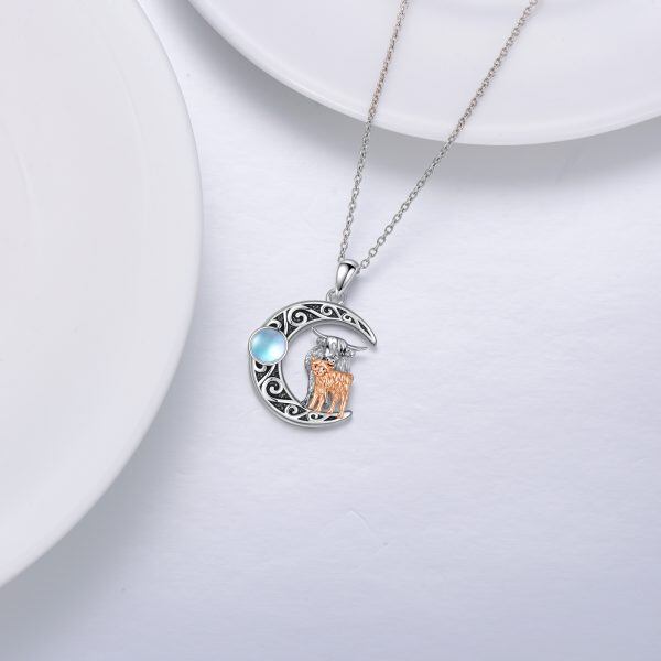 Sterling Silver Highland Cow Pendant Necklaces With Moonstone-2