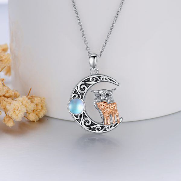 Sterling Silver Highland Cow Pendant Necklaces With Moonstone-3