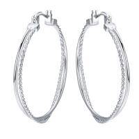 wholesale 925 Sterling Silver & White Gold Plated Twist Rope Hoop Earrings for Women - 2 Tone Double Circle Click Top- Silver Plated