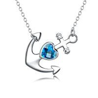 wholesale 925 Sterling Silver Anchor with Blue Crystal Heart Pendant Necklace for Women - 45 cm Chain Length- Silver Plated
