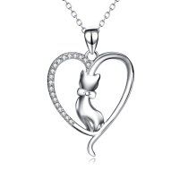 wholesale 925 Sterling Silver Heart Cat Pendant Necklace with Cubic Zirconia for Women and Girls- Silver Plated