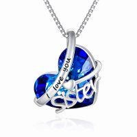wholesale 925 Sterling Silver Blue Crystal I love you sister Heart Pendant Necklace- Silver Plated