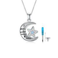 wholesale 925 Sterling Silver Blue Crystal Moon & Star Cremation Jewelry Urn Pendant with Funnel and Fill Tool (18 + 2)- Silver Plated