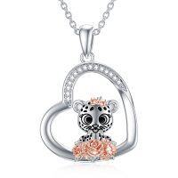 wholesale 925 Sterling Silver Heart-Shaped Pendant Necklace with Leopard and Rose Flower Charm for Women Girls- Rhodium And Rose Gold Plated