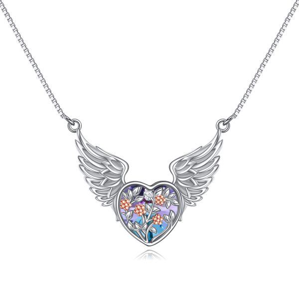 Sterling Silver Angel Wing Love Heart Pendant Necklaces With February Birthstone-0