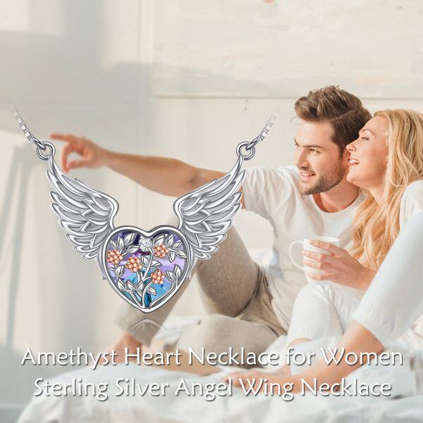 Sterling Silver Angel Wing Love Heart Pendant Necklaces With February Birthstone-4