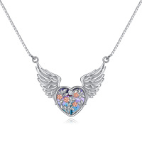 wholesale 925 Sterling Silver Purple Crystal Angel Wings Heart Pendant Necklace February Birthday Gemstone Jewelry for Women Girls Gifts- Two Tone