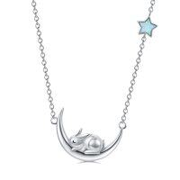 wholesale 925 Sterling Silver Star & Opal Bunny Rabbit on Crescent Moon Pendant Necklace Gift for Women and Girls- Silver Plated