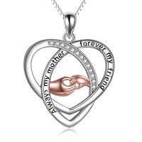 wholesale 925 Sterling Silver Double Heart Pendant with CZ and Rose Gold Plated Hands - Mother's Day Gifts for Mom- Two Tone