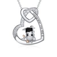 wholesale 925 Sterling Silver Crystal Owl Heart Pendant Necklace Graduation Gift for Women- Silver Plated