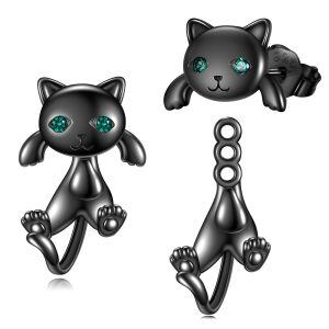 Sterling Silver Black Cat Jacket Earrings-0