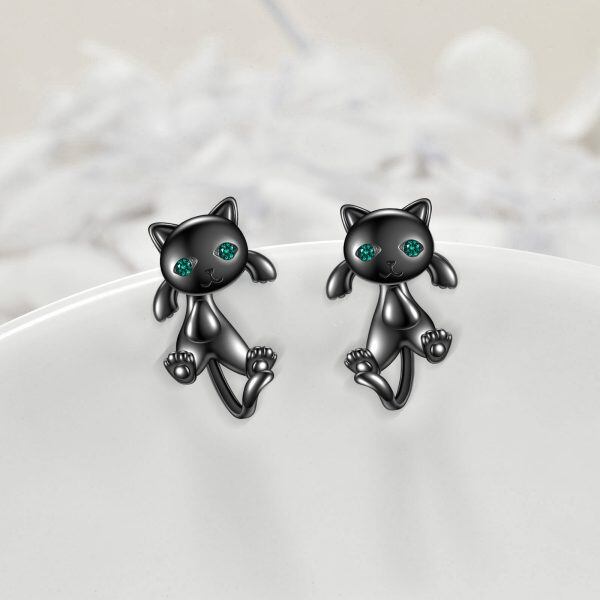 Sterling Silver Black Cat Jacket Earrings-2