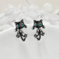 wholesale 925 Sterling Silver Black Cat Stud Earrings w/ Green Stones - Gothic Style Jewellery Gifts for Her-0-2