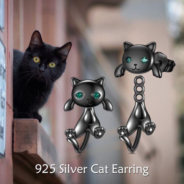 Sterling Silver Black Cat Jacket Earrings-4