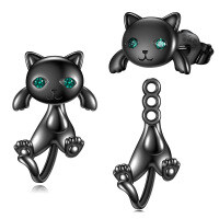wholesale 925 Sterling Silver Black Cat Stud Earrings w/ Green Stones - Gothic Style Jewellery Gifts for Her- Black Rhodium Plated