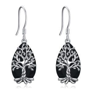 Sterling Silver Tree of Life Teardrop Drop Earrings-0