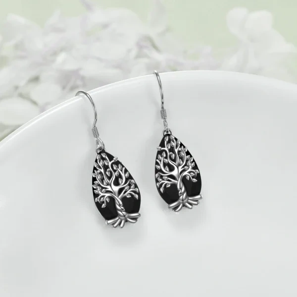 Sterling Silver Tree of Life Teardrop Drop Earrings-2