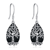 wholesale 925 Sterling Silver Tree of Life Black Onyx Drop Earrings- Rhodium Plated