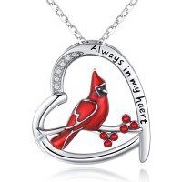 wholesale 925 Sterling Silver Red Cardinal CZ Heart Pendant Necklace - Always in My Heart Memory Gifts for Women- Rhodium Plated