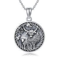 wholesale 925 Sterling Silver Celtic Knot Highland Cow Pendant Necklace with Chain for Women s- Oxidized/Oxidised