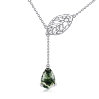 wholesale 925 Sterling Silver Green Moss Agate Leaf Pendant Necklace for Women- Rhodium Plated
