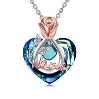 wholesale 925 Sterling Silver Blue Crystal Heart Nana Pendant Necklace- Two Tone