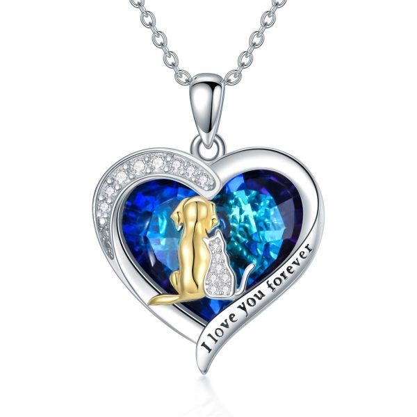 Sterling Silver Dog And Cat Pendant Necklaces With Heart Crystal-0