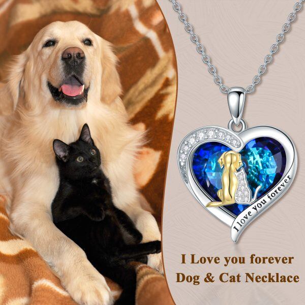 Sterling Silver Dog And Cat Pendant Necklaces With Heart Crystal-4